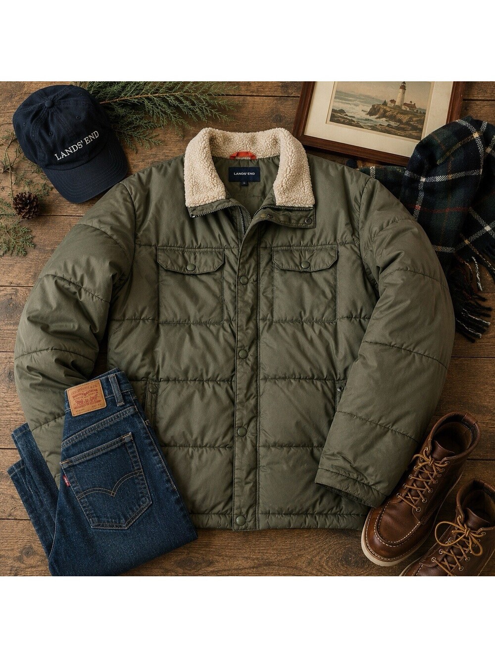 Lands’ End Sherpa Collar Puffer Jacket Olive Green Utility Coat Men’s
